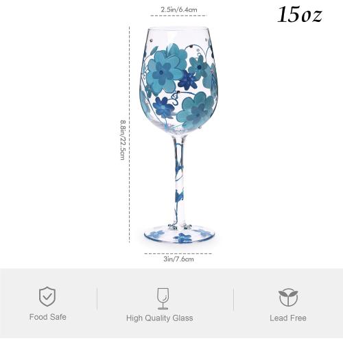 15 OZ Blue flower Artisan Painted Wine Glass,Flower Print Wine Glasses,Lead-Free Glasses Goblet for Home Dinning, Bar and Party Wedding Gift