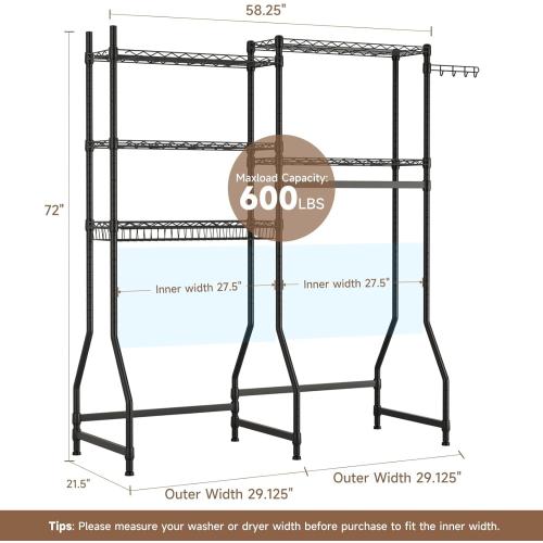 Golpart Over Washer and Dryer Shelves,Heavy Duty Laundry Room Storage Organization Clothes Drying Rack,5 Tier Adjustable Height Wire Shelving and Wire Basket with Hanger Rod&Hook,Space Saving Shelf | Heavy Duty, Clothes Drying Rack, Adjustable Height, Han