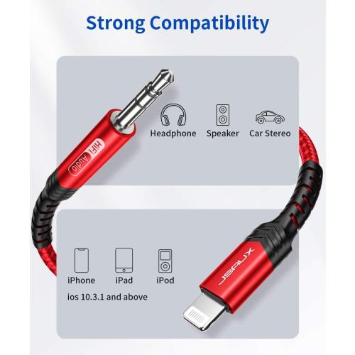 JSAUX Apple MFi Certified Lightning to 3.5mm Audio Cable 6FT, AUX Cord for iPhone Headphones Jack Compatible with iPhone 14/14 Plus/14Pro/13/13 Pro Max/12/12 Pro/11 Pro/X/XS/XR/8/Car Stereo-Red