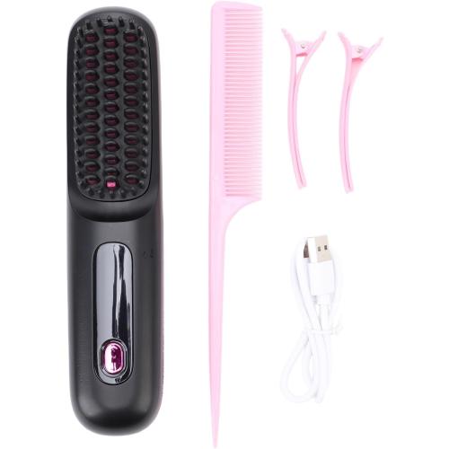 Pongnas Cordless Hair Straightener Brush LED Display Portable Hot Brush 3 Temperature Settings Type C Fast Charging All Hair Type (Black)