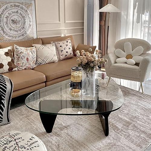 Triangle Coffee Table in Walnut Mid Century Modern Solid Wood Base and Triangle Clear Glass Coffee Table for Living Room Low Minimalist Tea Table Coffee Tables (36 * 25.6 * 16, Black Transparent)