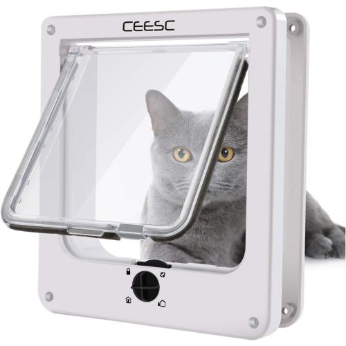 CEESC Medium Cat Door for Interior/Exterior Door, Weatherproof, White, Rotary 4 Way Locking Pet Door for Cats & Dogs with Circumference < 15.75, Upgraded Version