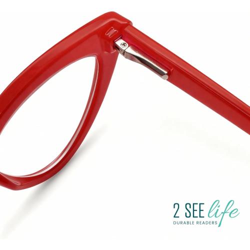 2SeeLife Premium Cat Eye TR-90 Reading Glasses for Women – Narrow–Medium Fit, Sturdy Frame, Spring Hinges, Stylish Readers, Red,  0.75