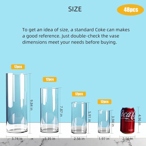 Size  -4, 6, 8,10 48 Pack Clear Glass Cylinder Vases for Centerpieces - Different Sizes Floating Candle Vases Holder -4, 6, 8,10 Hight Perfect for Weddings and Events