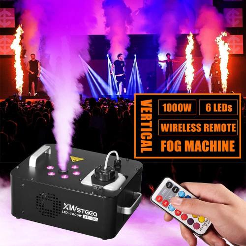 Xwstgeo Vertical Fog Machine 1000W with 6 LED Lights and Wireless Remote Control for Stage Halloween Wedding DJ Parties
