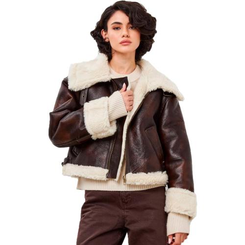 LY VAREY LIN Women Faux Leather Jacket with Faux Fur Lining Warm Winter Biker Coat Large