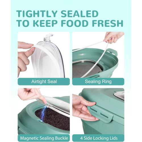 30-35 Lbs Dog Food Storage Container Collapsible Dog Food Container with Airtight Lids, Wheels, Scoop and 2pcs Food Storage Containers, Large Pet food storage for Dog, Cat (Green)