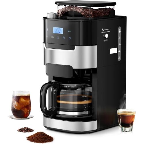 Drip Coffee Maker with Grinder Built In, 10-Cup Grind and Brew Coffee Machine Fully Automatic, Programmable with Brew Strength, Permanent Filter, Glass Carafe, 50oz Water Tank, Ideal for Home/Office