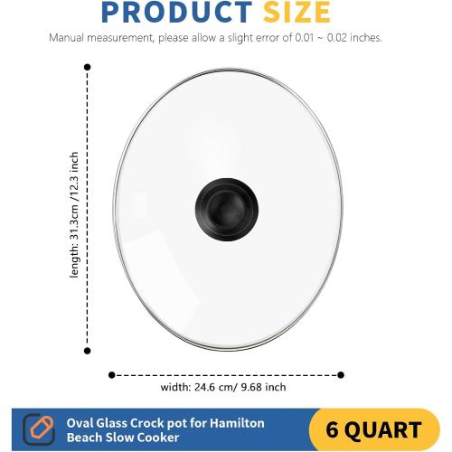 Oval Glass Crock Pot Lid 6 Quart for Hamilton Beach Slow Cooker 6 qt