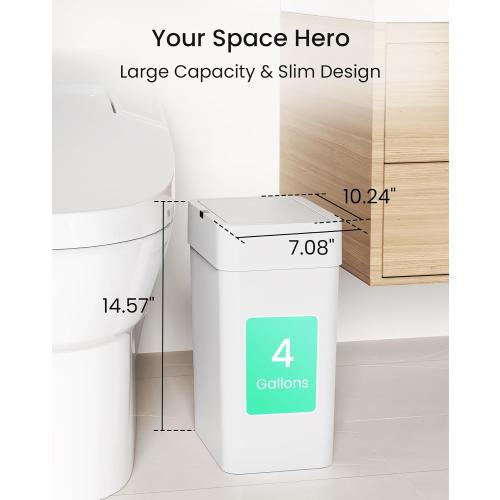 Cesun Bathroom Trash Can with Lid, 4 Gallon Motion Sensor Garbage Can Automatic Touchless Trash Cans, Slim Plastic Smart Waste Basket for Bedroom, Office, Living Room, White