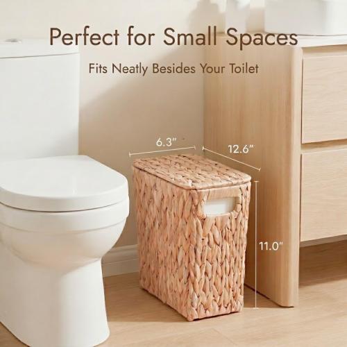 YANGQIHOME Water Hyacinth Bathroom Trash Can with Lid, Slim Rectangular Woven Waste Basket with Removable Waterproof Inner Bin, Decorative Wastebasket for Bedroom,2 Gallon,12.6’’L x 6.3’ W x 11’’H