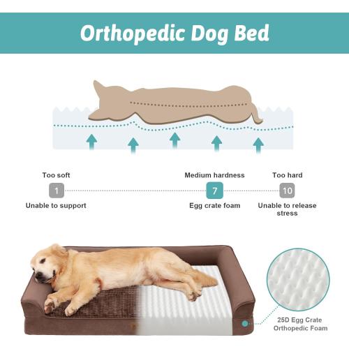 COZY KISS Orthopedic Large Dog Beds, Bolster Pet Couch with Waterproof Lining, Egg Crate Foam Sofa for Pets Up to 65 lbs, U-Shaped, 36x27x6.5 inch, Brown