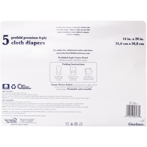 Gerber Prefold Premium 6-Ply Cloth Diapers, 5-Pack 1 Extra 100% Cotton
