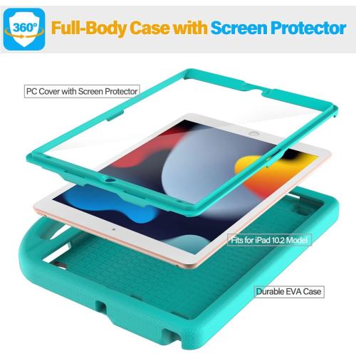 SUPLIK Kids Case for iPad 9th/8th/7th Generation - 10.2 inch 2021/2020/2019 Case with Built-in Screen Protector, Durable Shockproof Handle Stand for Apple iPad 7/8/9 Gen, Cyan