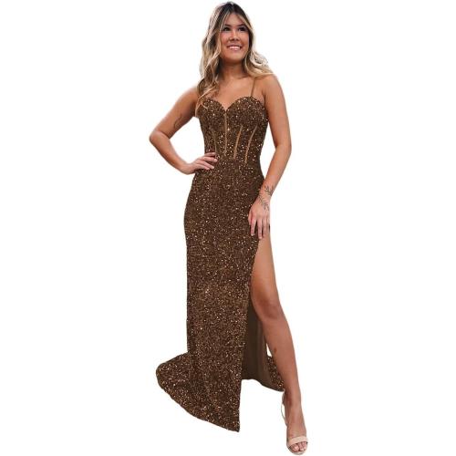 Size Medium Black and Rose Gold Cefian Sequin Prom Dresses Long for Teens with Slit V Neck Mermaid
