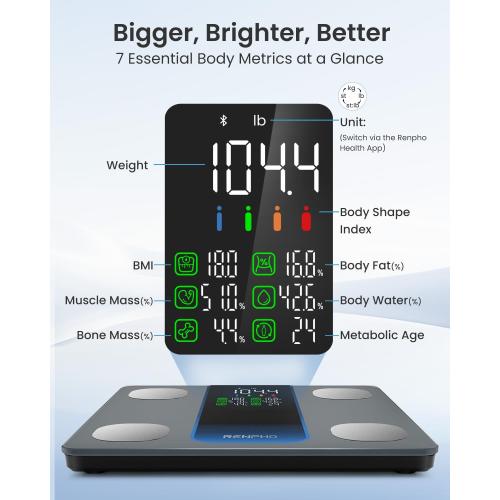 Color Grey RENPHO Smart Scale for Body Weight, Weight Scale with 7-in-1 Large Display for BMI, Body Fat, Muscle Mass, 13 Body Composition, High Accurate Bluetooth Scale, 500lbs, 11.8, Elis 2XL