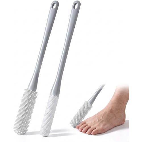 Toe Cleaning Brush, 2 Pack 15.7 Inch Long Handle Silicone Toe Gap Cleaner Soft Exfoliating Foot Scrubber for Shower Use Suitable for Seniors Expecting Mothers, Men and Women (Grey)