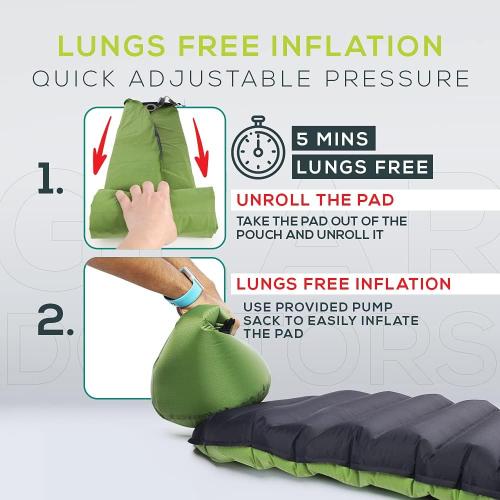 Green and Black Gear Doctors Ultralight 17oz Camping Sleeping pad ApolloAir - Compact, Warm 5.2 R-Value 4 Season Air Mattress, Perfect for Backpacking, Hiking - Lightweight Inflatable & Compact Sleep Pad