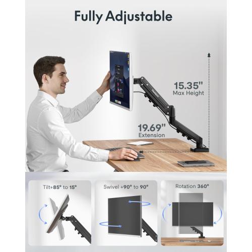 Flexispot Single Monitor Arm, 17-32 Inch Monitor Mount up to 19.84 lbs, Fast Install VESA Mount for Home Office Gaming, Full Adjustable Gas Spring with C-Clamp and Grommet Base, Black