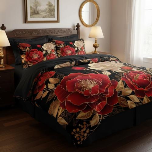 Vintage Floral Comforter Set Queen Size, Black Red Luxurious Penoy Bedding with Golden Leaves for Adult Women, 3Pieces Soft Microfiber Quilted Set with 2 Pillowcase, 90“x90