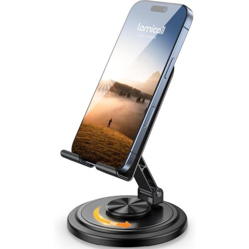 Lamicall Cell Phone Stand for Desk - [360° Rotation] Sturdy Adjustable Desktop Phone Holder, Foldable Mobile Stand, Office Desk Accessories Gifts for iPhone 17 16 15 14 Pro Max, Galaxy S26, Cellphone
