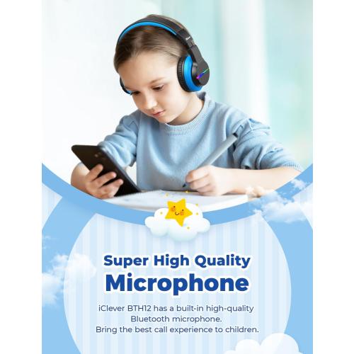 iClever BTH12 Kids Bluetooth Headphones,Colorful LED Lights,74/85dBA Safe Volume,85H Playtime,Bluetooth 5.2,Over Ear Wireless Headphone Built-in Mic for iPad/Tablet/Airplane, Deep Black
