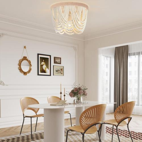 Boho Wood Beaded Chandelier, Flush Mount Ceiling Light,Farmhouse Rustic Jute Wooden Bead Chandeliers Fixture for Drawing Room，Bedroom,Hallway, Entryway,Dining Room(3-Light)