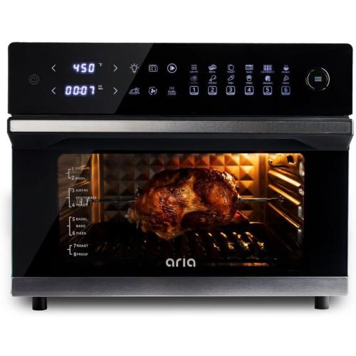 Aria 36 Qt Air Fryer Oven, Ariawave Stainless Steel Air Fryer with Rotisserie, Basket, & Grill Trays, Easy Clean Large Countertop Convection Oven, XL Touchscreen Display & Cooking Presets, Black