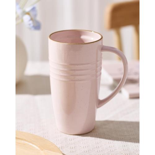 famiware Jupiter Large Coffee Mug, 20oz Coffee Mug with Lid, Ceramic Cup with Handle for Latte, Tea, Cocoa, Milk, Home & Office, Microwave and Dishwasher Safe, Light Pink