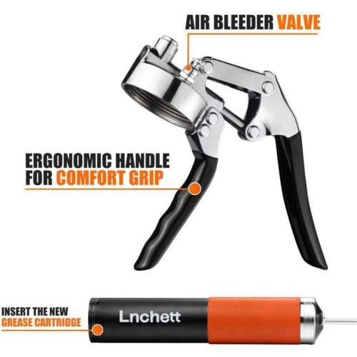 Lnchett Grease Gun with Quick Release Coupler, 9000 PSI Professional Heavy Duty 14 oz Pistol Grip Grease Gun with 18 Inch Spring Flex Hose, 1 Extension Rigid Pipe and1 Sharp Nozzle Included