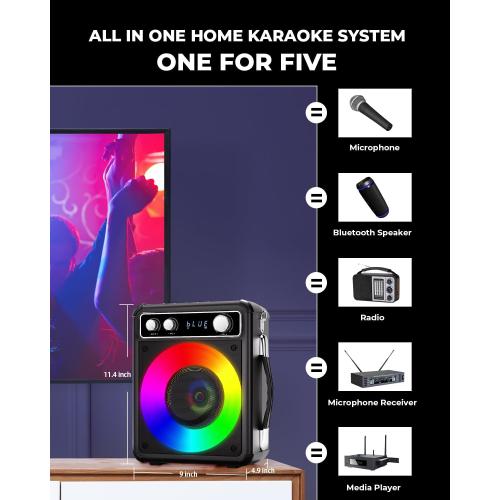 Karaoke Machine, Portable Bluetooth Karaoke Speaker with 2 Wireless Microphones, PA System for Adults Kids with LED Lights, Supports FM/AUX/USB/TF for Home Party