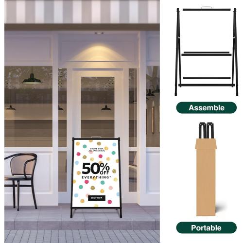 Heavy Duty Slide-in Folding A-Frame Sidewalk Sign 24x36 Inch Black Coated Steel Metal Double-Sided,Only Frame,No poster board