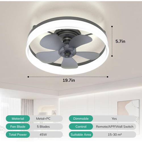 Size 19.7 Ceiling Fans with Lights, 19.7'' Flush Mount Ceiling Fan with Lights and Remote, 3000K-6000K Dimmable Modern Low Profile Ceiling Fans for Bedroom Living Room, 6 Speeds Fandelier LED Fan Light