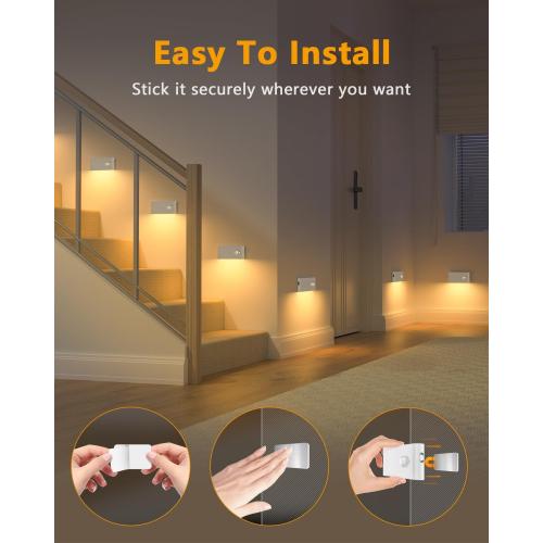 WILLED Stair Lights Indoor,Warm White Rechargeable Night Light,Wireless Motion Sensor Night Light,Battery Stick On Lights for Stairway,Hallway,Kitchen,Closet,Cabinet,Bedroom,Kids' Room(4-Pack)