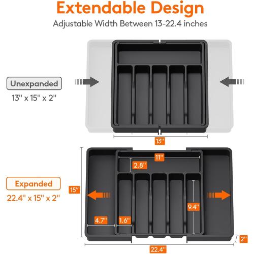 Lifewit Large Silverware Drawer Organizer, Expandable Utensil Tray for Kitchen, BPA Free Flatware and Cutlery Holder, Adjustable Plastic Storage for Spoons Forks Knives, Large, Black