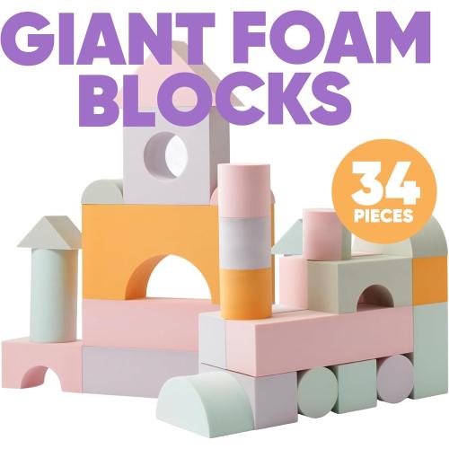 Set of 34 Jumbo Large Foam Blocks for Toddlers - Stacking Soft Blocks for Kids with Shapes & Colors Learning - Construction Building Preschool Toys - Giant Foam Bath Blocks for Toddlers 3-5 & above