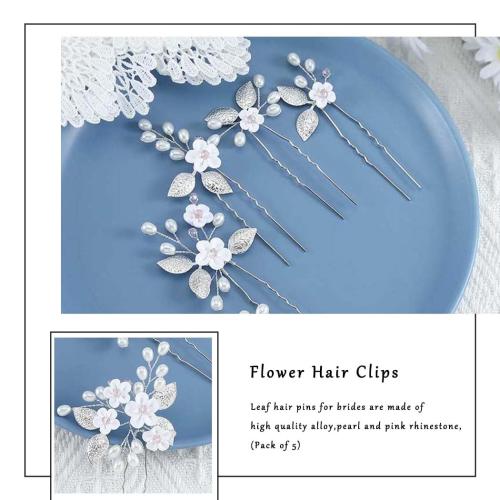 Yean Flower Bride Wedding Hair Pins Silver Leaf Bridal Hair Pieces Pearl Hair Accessories for Women and Girls (Pack of 5)