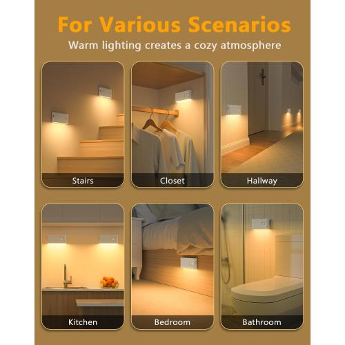 WILLED Stair Lights Indoor,Warm White Rechargeable Night Light,Wireless Motion Sensor Night Light,Battery Stick On Lights for Stairway,Hallway,Kitchen,Closet,Cabinet,Bedroom,Kids' Room(4-Pack)