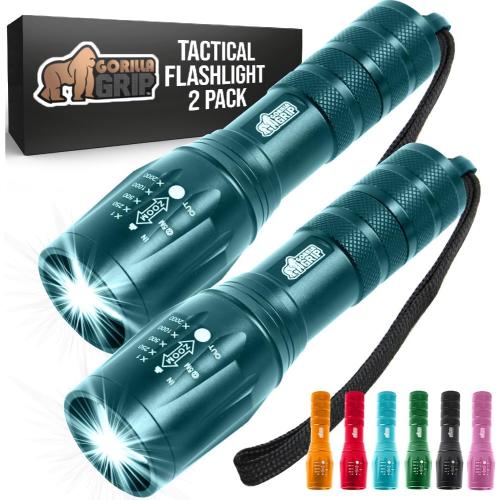 GORILLA GRIP Powerful LED Handheld Tactical Flashlight, 750 FT High Lumens 5 Adjustable Modes, Water Resistant, Ultra Bright Zoom Flashlights, Small Mini, Camping, Night Dog Walking, 2 Pack, Teal