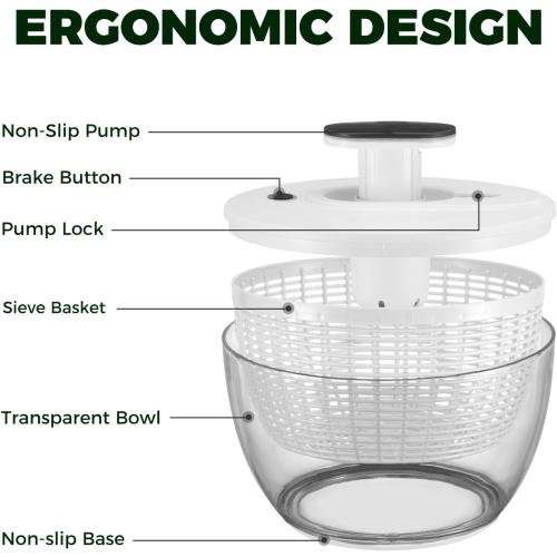 Kitexpert Effective Large Salad Spinner 6.3 Qt,Easy to use pro Pump Spinner with Bowl, One-Handed Pump Dishwasher Safe Multiple Use Spinner-Black