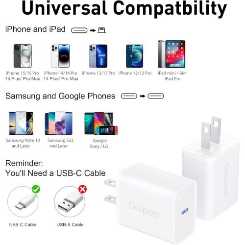 USB C Charger Block 20W, Ocupwei PD 3.0 Fast Charging Wall Charger USBC Power Adapter Type C Brick Cube for iPhone 17/Pro/Pro Max/17 Air/ 16/16 Pro/16 Pro Max/15/Plus/Pro/Pro Max [2 Pack]