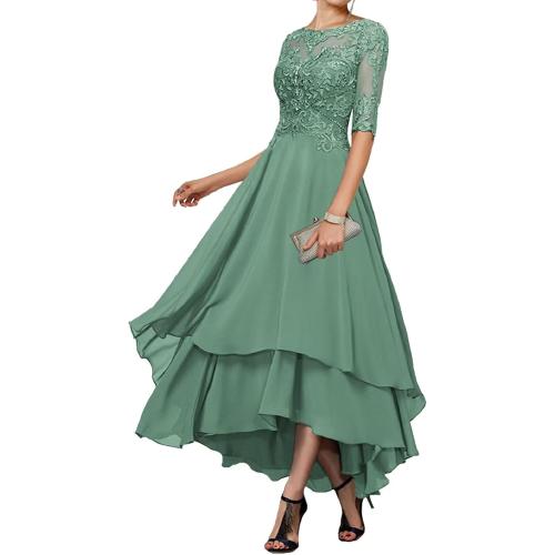 Size L....Geforsp Tea Length Mother of The Bride Dresses for Women with Sleeves Tiered Chiffon Lace Evening Formal Party Gown