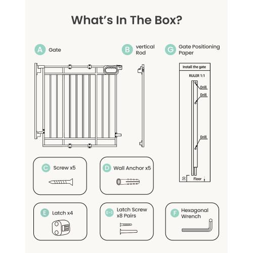 Grownsy Baby Gate for Stairs- No Bottom Bar, 29.8” to 43.5” for Child and Pet, Dog Gate with Auto-Close & One-Hand Operation, Hardware-Mounted (Drill Needed) Installation for Doorways and Indoor Use