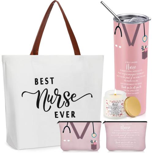 Skylety 4 Pcs Nurse Gifts for Women Rn Lpn Practitioner, Gift for Christmas, Retirement, Birthday, Graduation, Appreciation Nursing Student with 20oz Tumbler Tote Bag Makeup Bag Scented Candle(Pink)