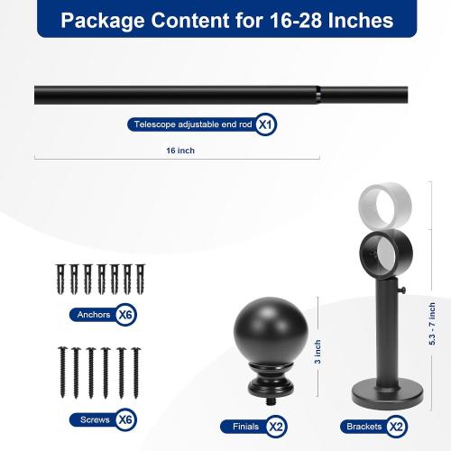 Short Curtain Rod 16-28 Inch Adjustable, 1 Inch Diameter Small Window Drapery Rod - Hidden Screw Brackets, for Bathroom Kitchen, Heavy Duty Metal, Black Round Finials