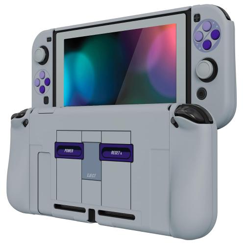 Grey & Purple PlayVital AlterGrips Ergonomic Grips Cover for Nintendo Switch, [2 Design] Interchangeable Comfort Dockable Protective Case with Screen Protector & Thumb Grip Buttons Caps - Classics SNES Style
