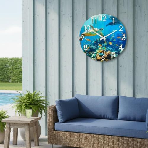 Crosstime 16 Inch Large Outdoor Wall Clock Waterproof - Sea Turtle & Coral Reef Ocean Life Theme, Tempered Glass Face - Silent Coastal Decor Clock for Outside Patio, Poolside, Garden, Beach House