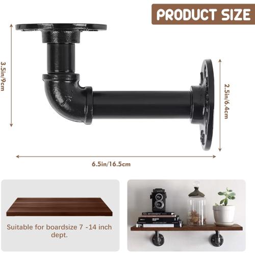 6 Pack Industrial Pipe Shelf Brackets, Black Iron for Floating Shelves Heavy-Duty Wall Mount with Hardware