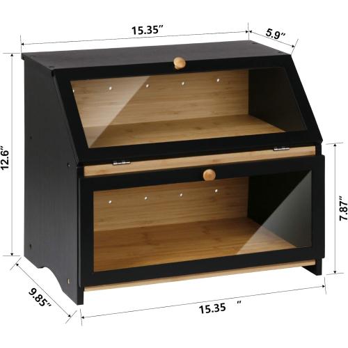 HOMEKOKO Double Layers Large Bread Box for Kitchen Counter, Wooden Large Capacity Bamboo Bread Food Storage Bin - Black