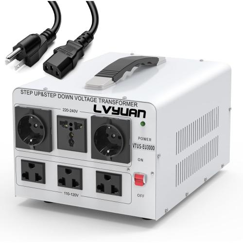 LVYUAN Heavy Duty 3000W Voltage Transformer Converter Step Up/Down Converter 110/120 Volt - 220/240 Volt with 3 US,2 European,1 Universal Outlets and CE Certified,Circuit Break Protection